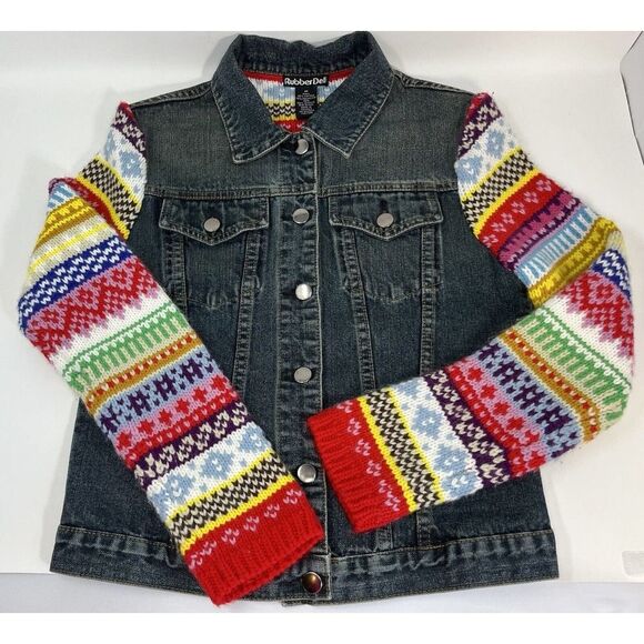Rubber Doll Jean Jacket‎ Denim Crochet Multi Color Sleeves Size Medium - Picture 2 of 5